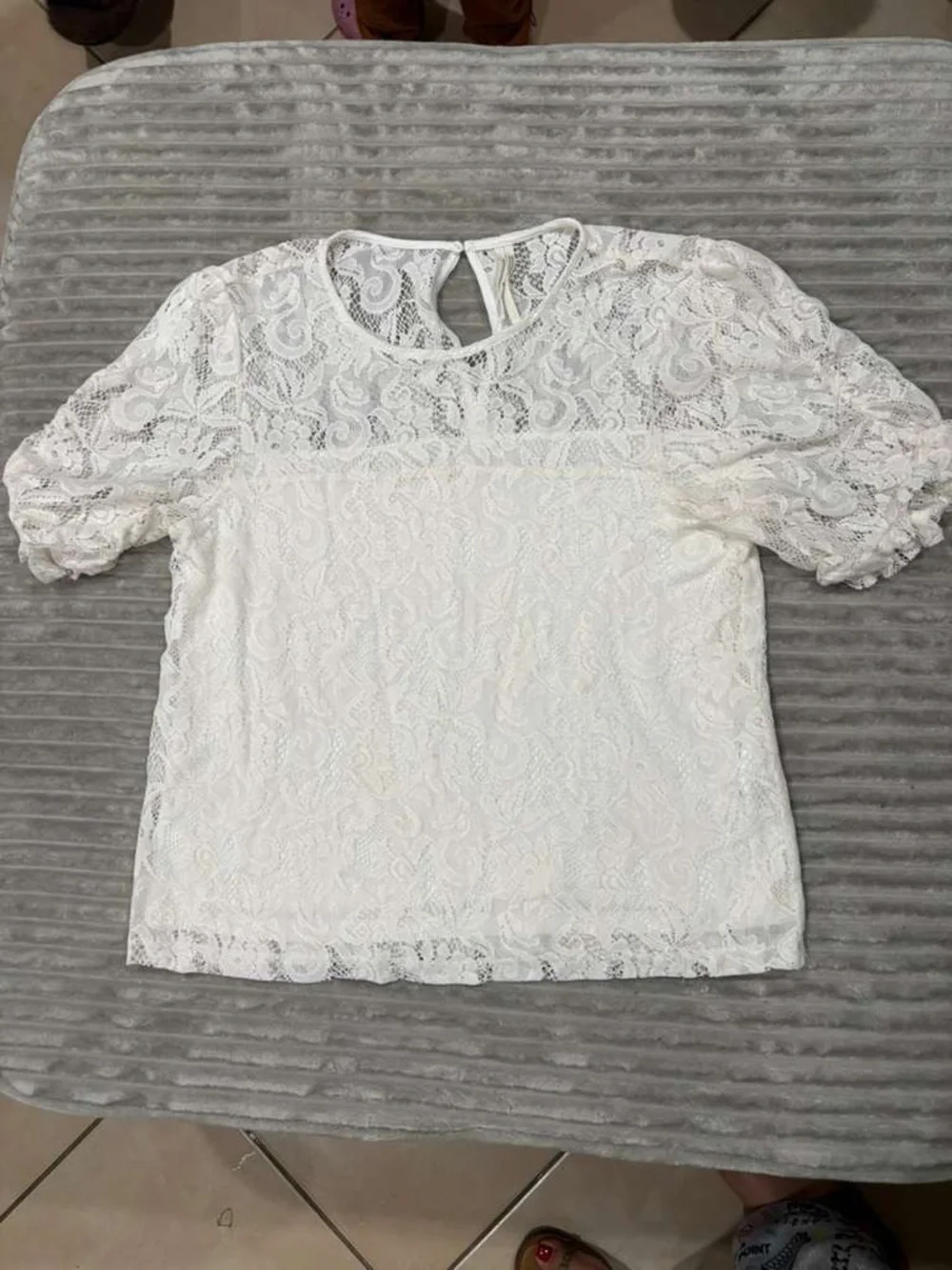 Anthropologie White Lace Puff-Sleeve Blouse